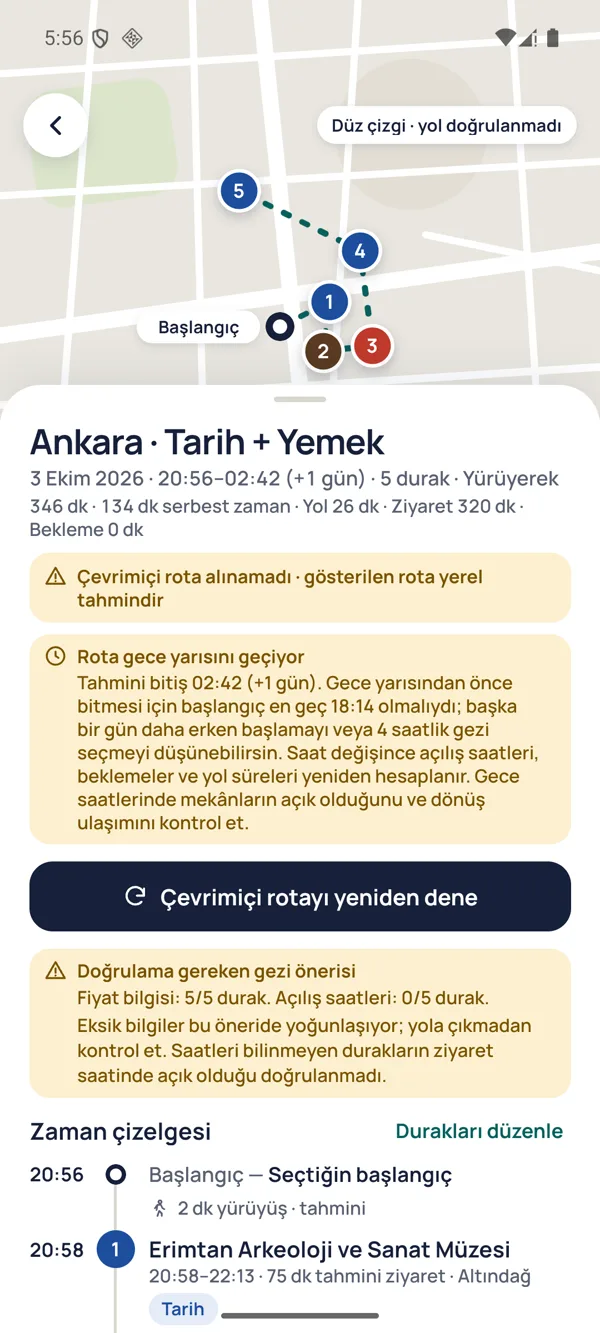 Traveem rota ekranı: haritada numaralı beş durak ve rota özeti
