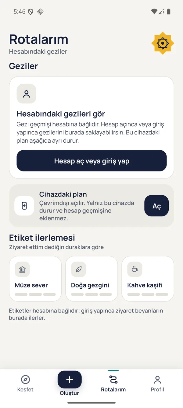 Rotalarım ekranı: hesaptaki geziler, cihazdaki plan ve etiket ilerlemesi